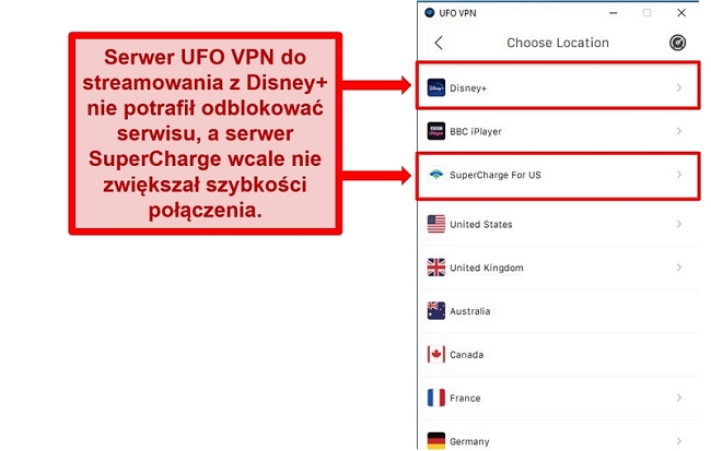 Zrzut ekranu z listą serwerów UFO VPN