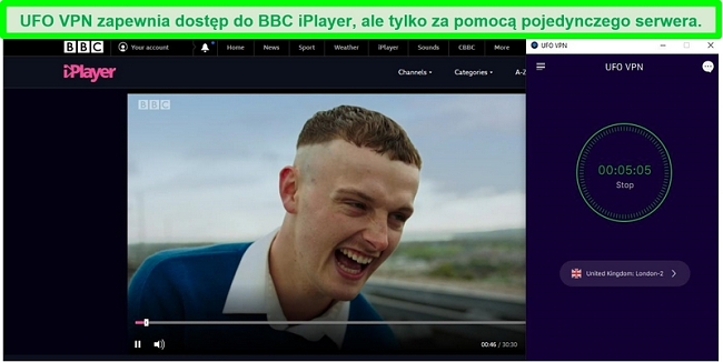 BBC iPlayer streaming The Young Offenders, gdy UFO VPN jest połączone z serwerem streamingowym BBC iPlayer w Londynie