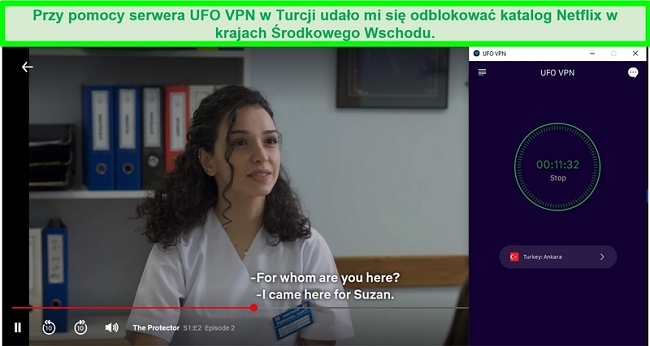 Netflix odtwarza turecki program telewizyjny, podczas gdy UFO VPN jest połączone ze swoim serwerem w Turcji