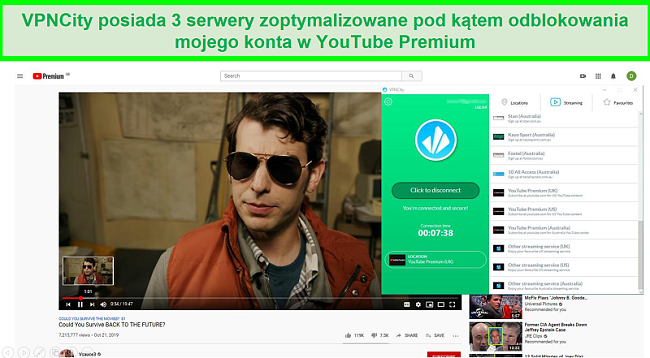 Zrzut ekranu przedstawiający YouTube Premium odtwarzany w HD po podłączeniu do brytyjskiego serwera strumieniowego YouTube Premium firmy VPNCity