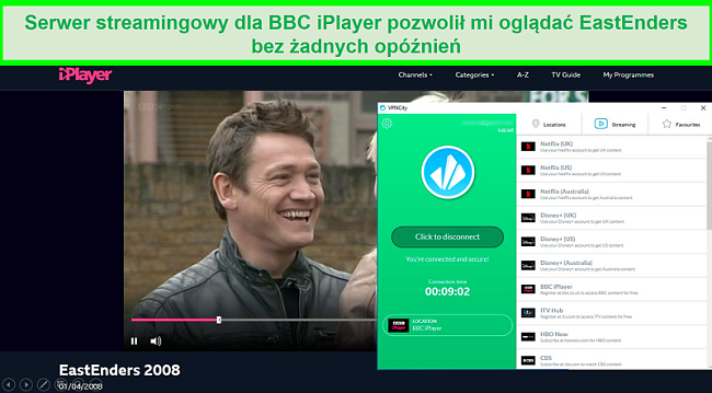 Zrzut ekranu przedstawiający transmisję strumieniową EastEnders BBC iPlayer podczas połączenia z serwerem strumieniowym BBC iPlayer VPN City