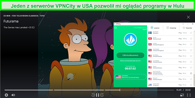 Zrzut ekranu przedstawiający streaming Futuramy w Hulu, gdy VPNCity jest połączony z serwerem w Nowym Jorku w USA