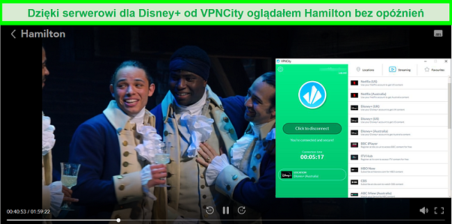 Zrzut ekranu przedstawiający Hamilton grającego na Disney + podczas połączenia z serwerem strumieniowym VPNCity DIsney Plus Australia
