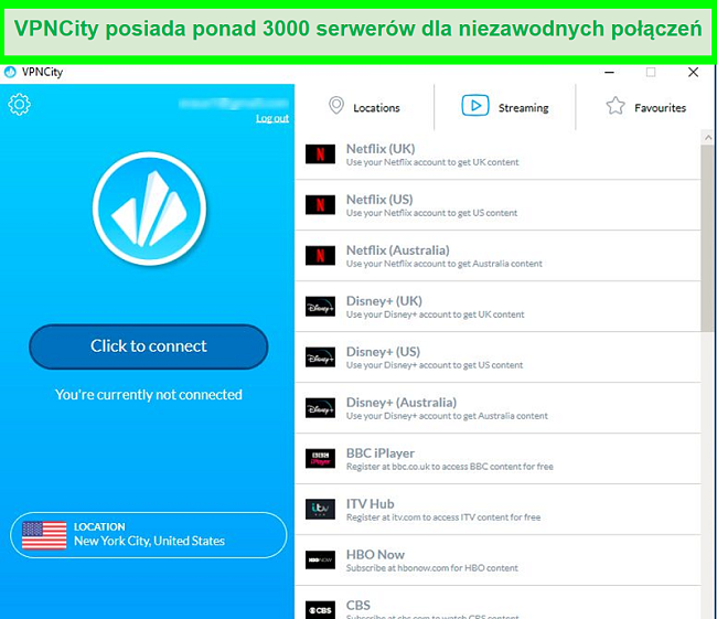 Zrzut ekranu interfejsu użytkownika VPNCity pokazujący listę serwerów strumieniowych