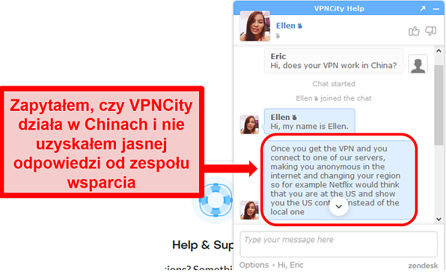 Zrzut ekranu z obsługą czatu na żywo VPNCity.com