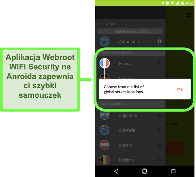 Zrzut ekranu aplikacji Android Webroot WiFi Security z samouczkiem dla użytkownika