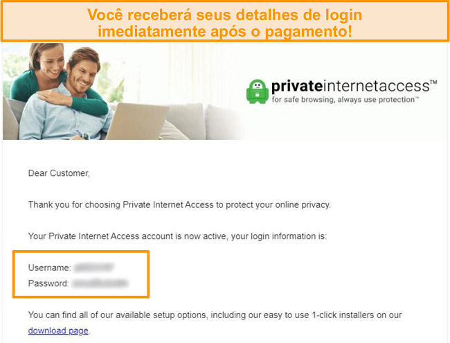 Captura de tela do e-mail de confirmação de inscrição da PIA com detalhes de login incluídos