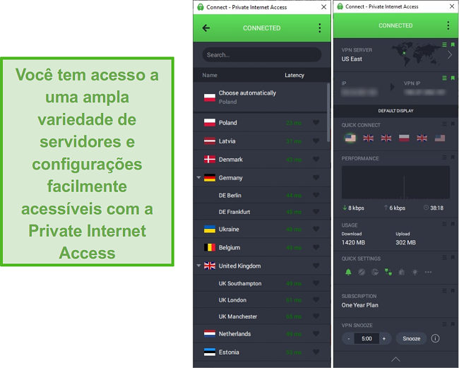 Captura de tela mostrando a lista de servidores PIA enquanto conectado ao servidor Leste dos EUA