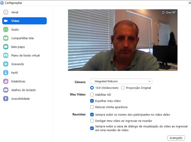 configurações de vídeo Zoom