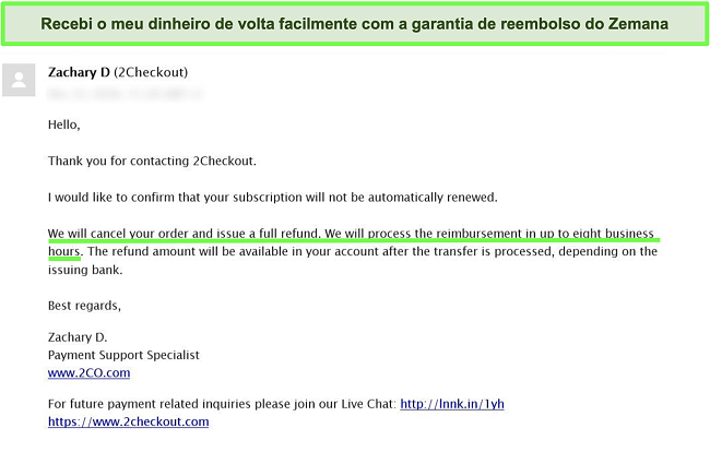 Captura de tela de um usuário solicitando um reembolso do antivírus Zemana por e-mail usando a garantia de devolução do dinheiro