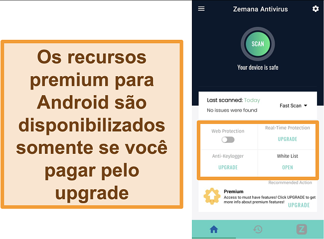 Captura de tela da interface principal do aplicativo Android do Zemana.