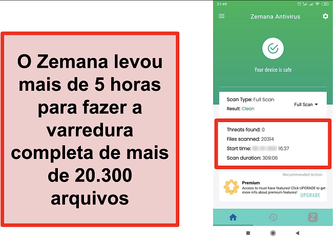 Captura de tela dos resultados da verificação completa do Zemana no Android.