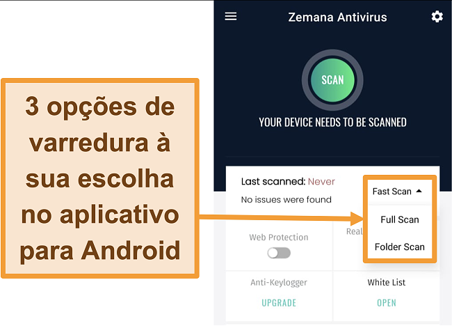 Captura de tela do aplicativo Android da Zemana com tipos de verificação destacados.