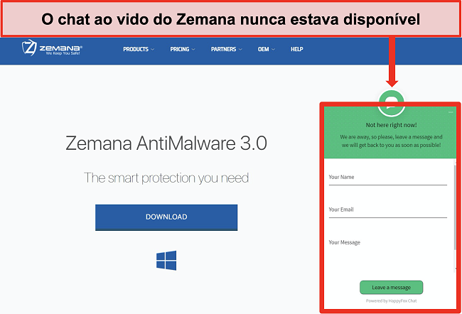 Captura de tela da função de chat ao vivo de Zemana indisponível no momento.