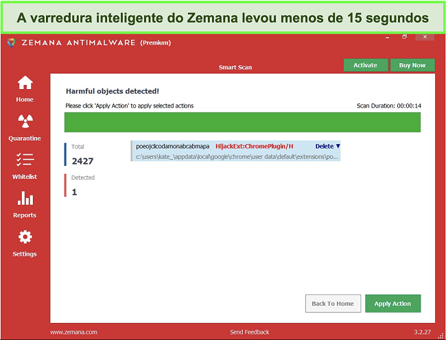 Captura de tela do Smart Scan do Zemana com objetos nocivos detectados.