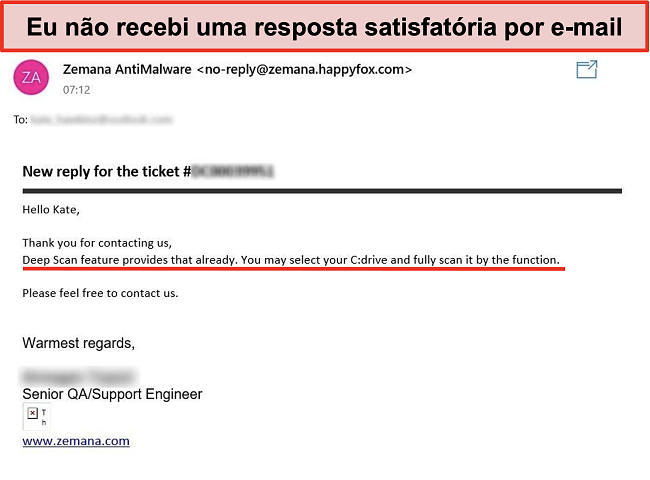 Captura de tela da resposta por e-mail a um tíquete de suporte ao cliente online com informações incorretas.