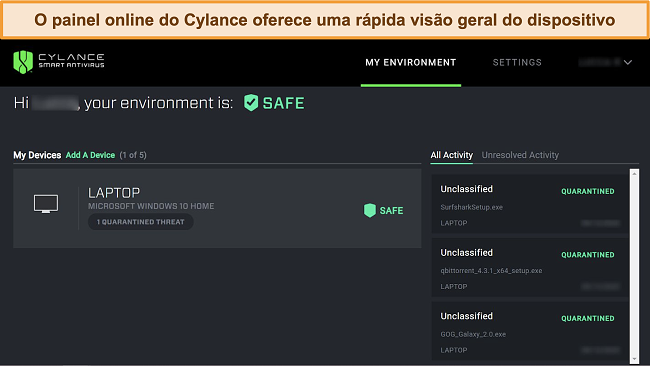 Captura de tela do painel baseado na web do Cylance exibindo o nível de segurança atual dos dispositivos conectados e quais ameaças foram detectadas.