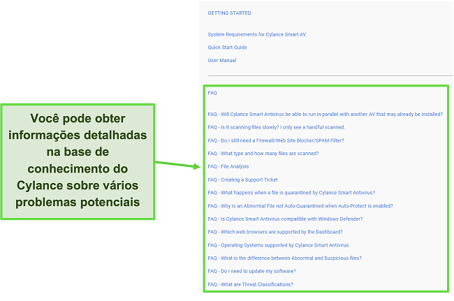 Captura de tela da base de conhecimento do Cylance com perguntas frequentes.
