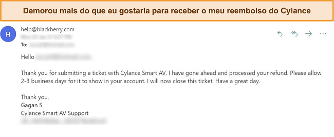 Captura de tela da resposta de Cylance por e-mail a uma solicitação de reembolso.