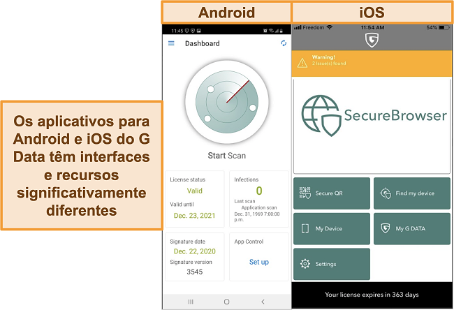 Captura de tela dos aplicativos G Data para Android e iOS