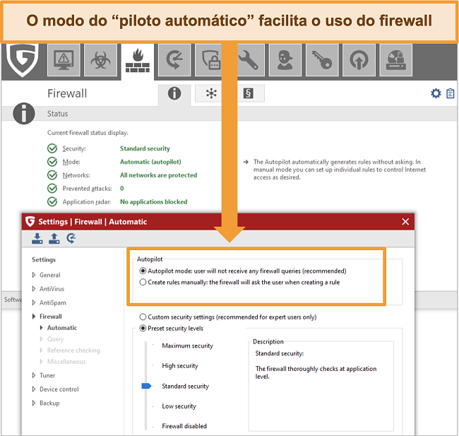 Captura de tela das configurações do firewall G Data