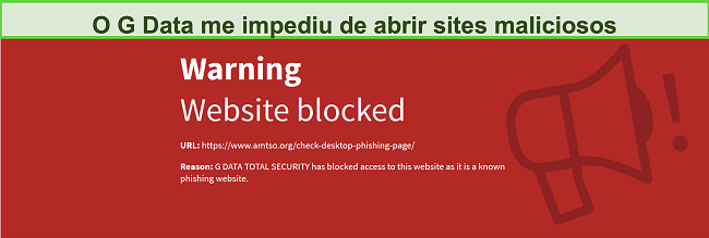 Captura de tela do G Data bloqueando o acesso a um site malicioso