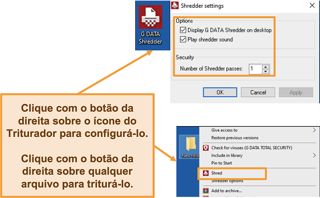 Captura de tela das configurações do G Data Shredder