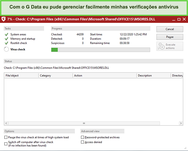 Captura de tela da verificação de vírus G Data em andamento