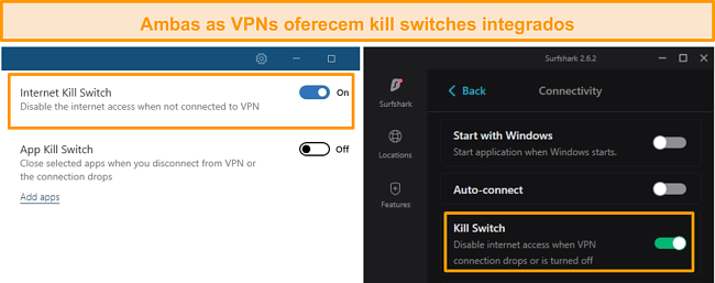 Captura de tela dos kill switches integrados do NordVPN e do Surfshark.