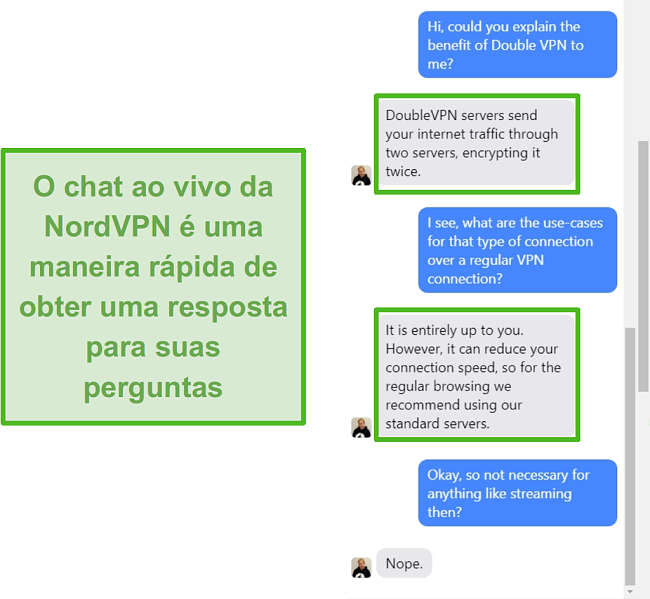 Captura de tela da assistência de chat ao vivo do NordVPN