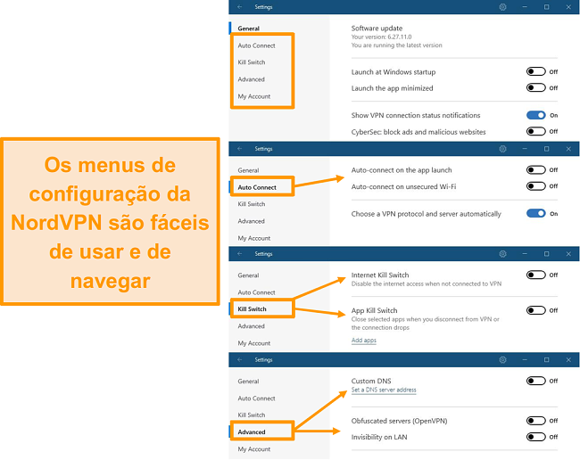 Captura de tela dos menus da área de trabalho do NordVPN.