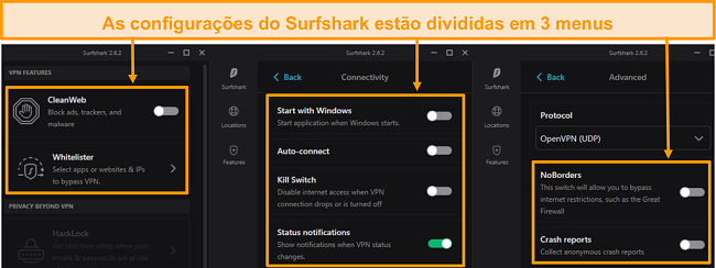 Captura de tela dos menus da área de trabalho do Surfshark.