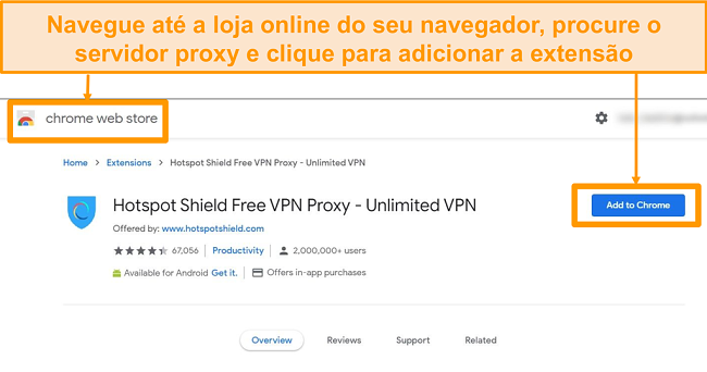 Captura de tela do download da extensão de navegador proxy gratuita do Hotspot Shield
