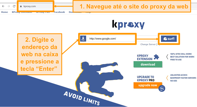 Captura de tela da página inicial do KProxy