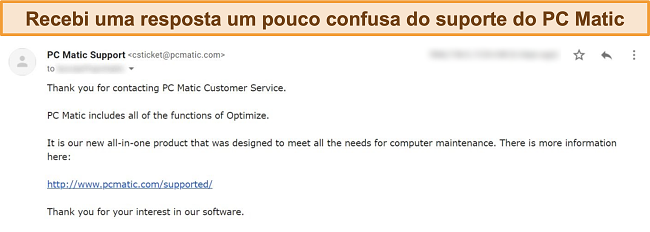 Captura de tela da resposta de suporte por e-mail do PC Matic.