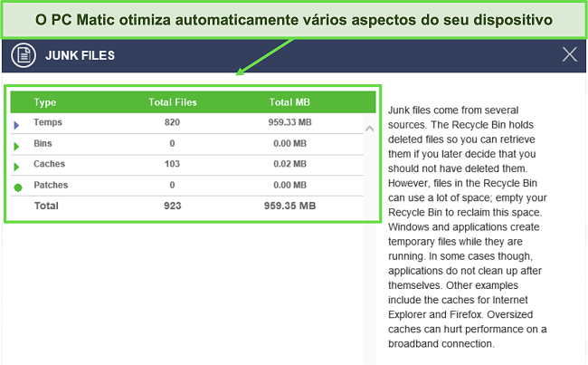Captura de tela das informações de otimização pós-varredura do PC Matic.