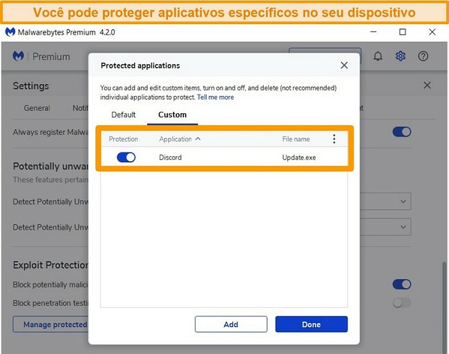 Captura de tela da lista de aplicativos protegidos do Malwarebytes 'Exploit Protection.