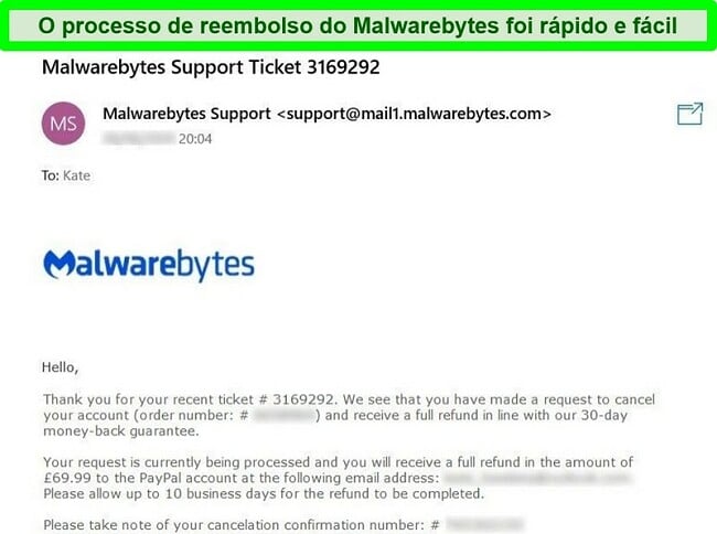 Captura de tela do processo de reembolso do Malwarebytes com uma resposta por email a um tíquete de solicitação de reembolso.