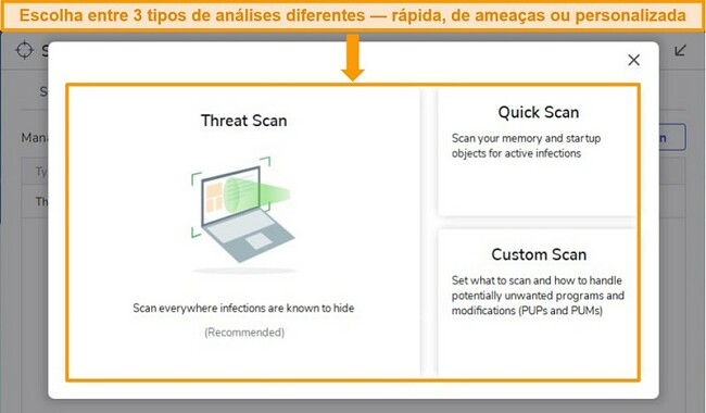 Captura de tela das opções de verificação de vírus do Malwarebytes.