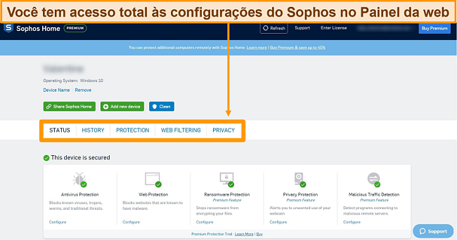 Captura de tela do painel baseado na web da Sophos