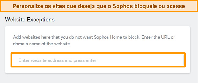 Captura de tela do antivírus Sophos e suas exceções de site no painel