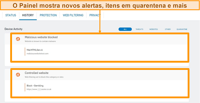 Captura de tela do antivírus Sophos e seu registro de alerta no painel do aplicativo