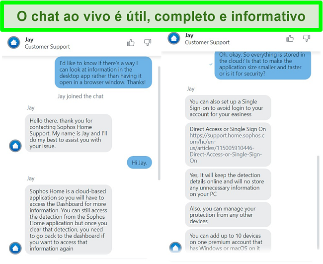 Captura de tela do chat ao vivo da Sophos respondendo a perguntas.