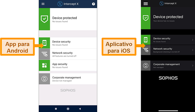 Capturas de tela mostrando a diferença entre as interfaces Android e iOS da Sophos.