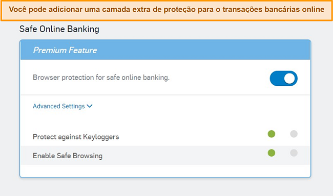Captura de tela do recurso Safe Online Banking da Sophos ativado.