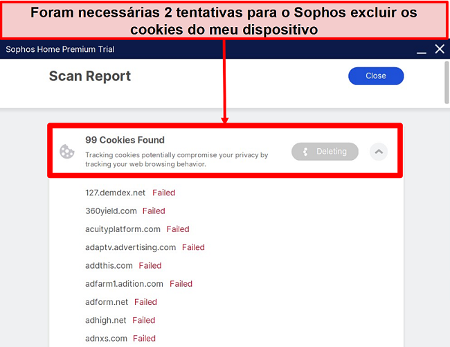 Captura de tela do Sophos após executar uma verificação e não excluir vários cookies.