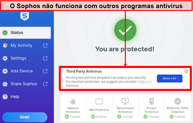 Captura de tela do aplicativo Sophos para desktop com aviso de antivírus de terceiros destacado