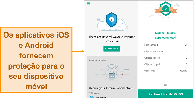 Captura de tela do Kaspersky Security Cloud no iOS em comparação com a versão Android