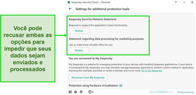 Screenshot of Kaspersky desktop options for deactivating personal data collection.