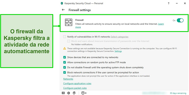 Captura de tela das configurações do firewall da área de trabalho do Kaspersky que permitem personalizar suas regras e filtros.